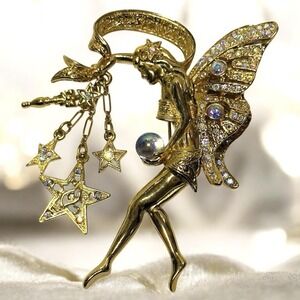 Vtg Kirks Folly Celestial Fairy Godmother Pin Crystal Ball Charm Star Wish Fairy